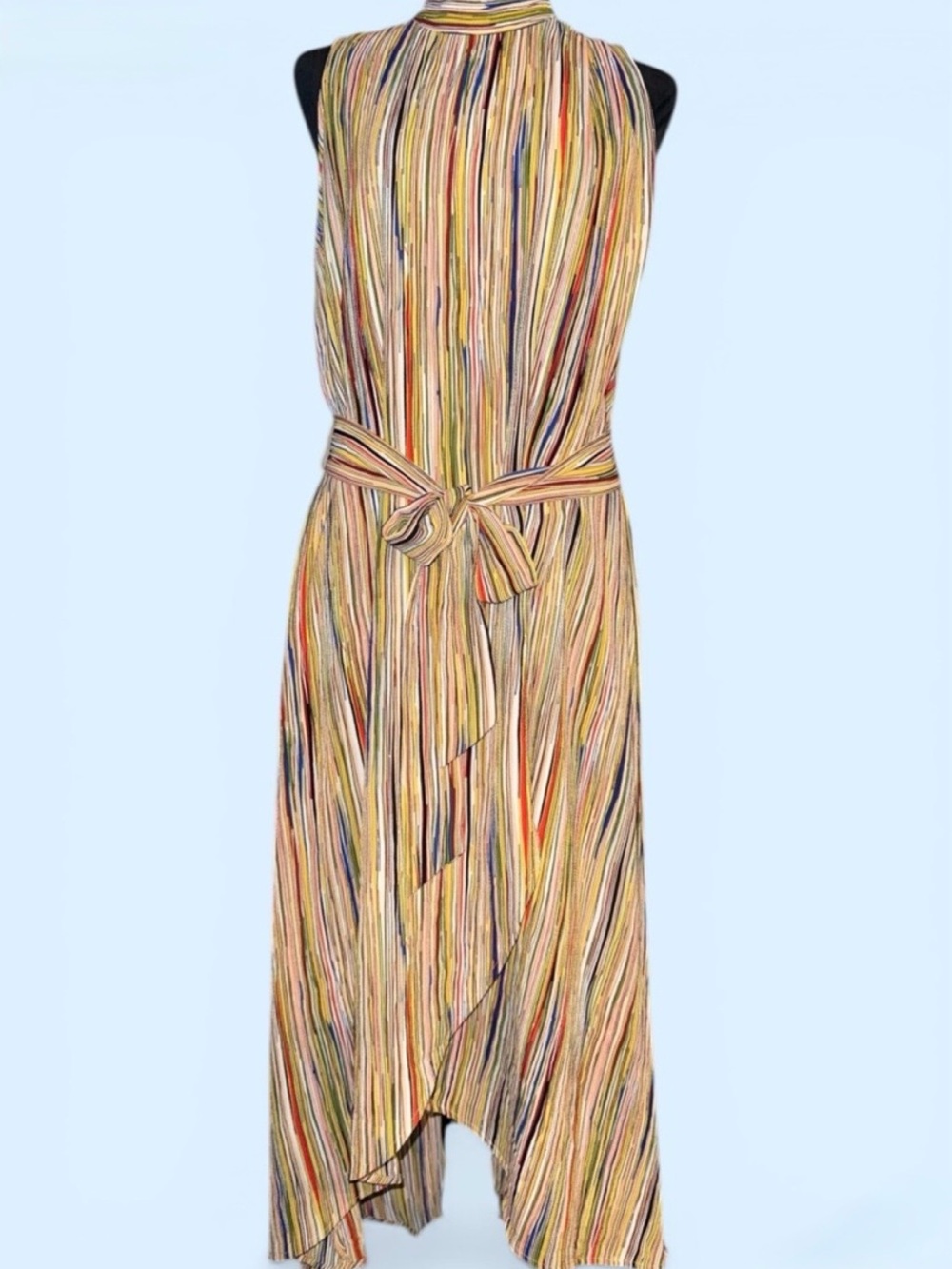 Jealous Tomato Stripe High Neck Belted Asymmetrical Midi Dress, Size M